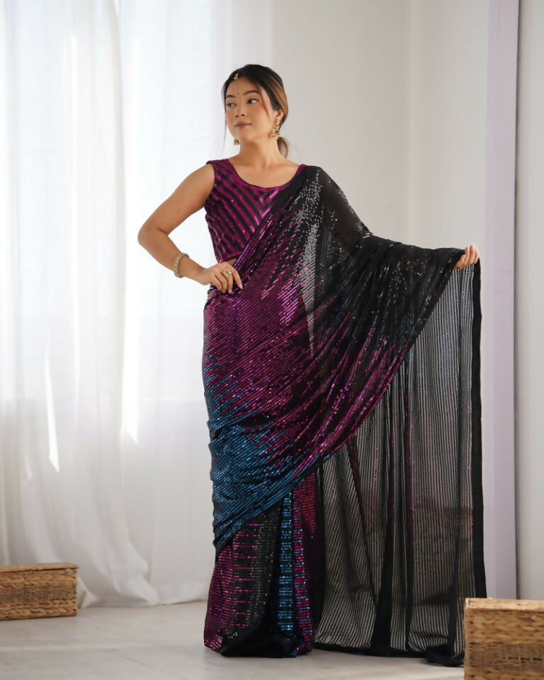 Black Georgette Designer Sequence Embroidery Work Saree - Radhe | Grocsy