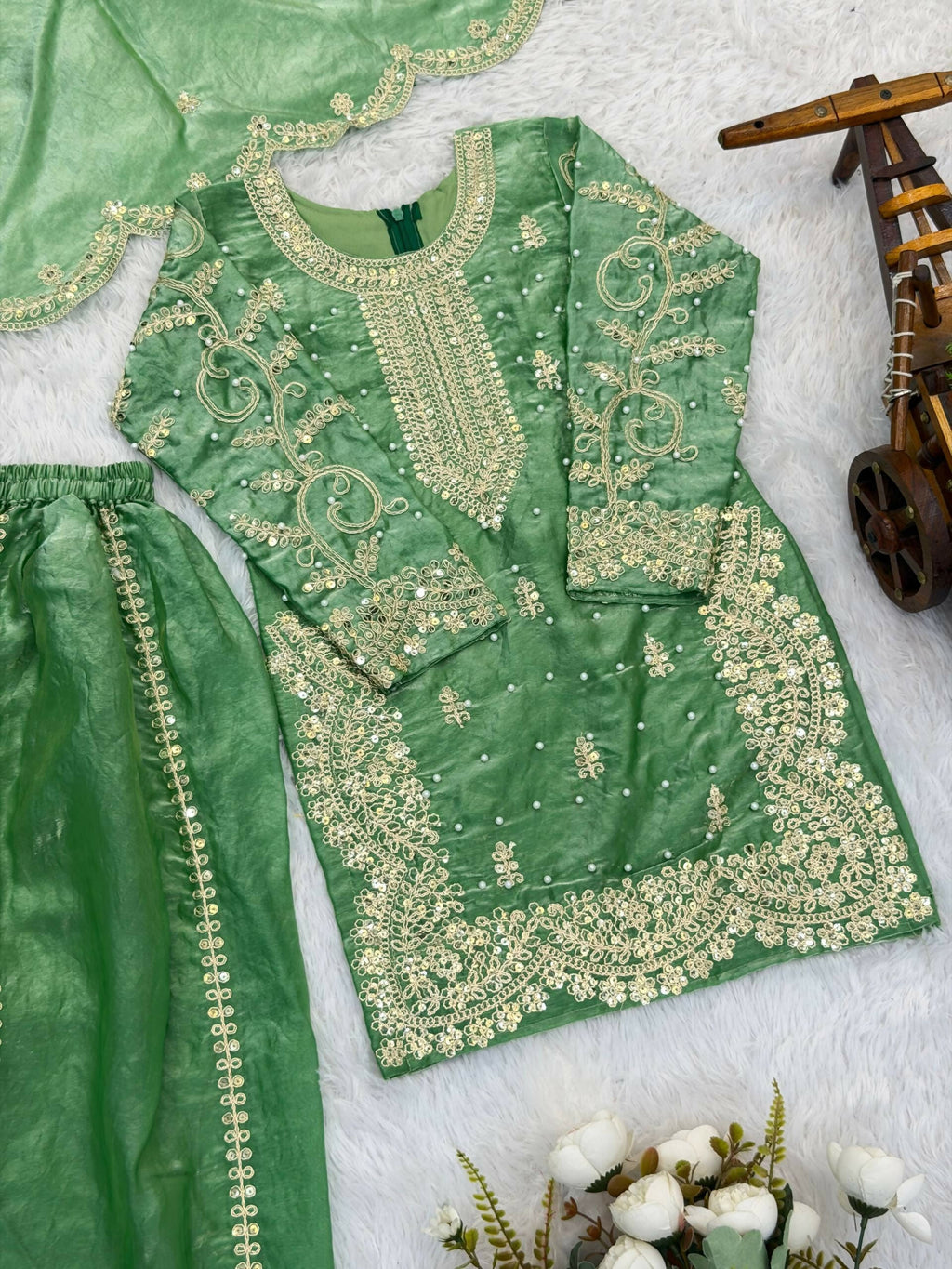 Teeya Creation New Trendy Fully Stitched Ready to Wear Kids Kurta Palazzo Set-Green | Grocsy