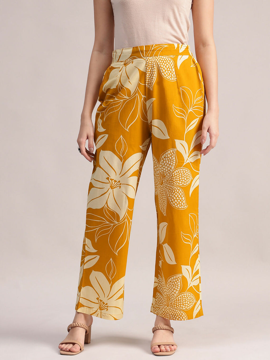 Aavyora Women's Mustard Yellow & White Floral Printed Cotton Co-Ord Set | Grocsy