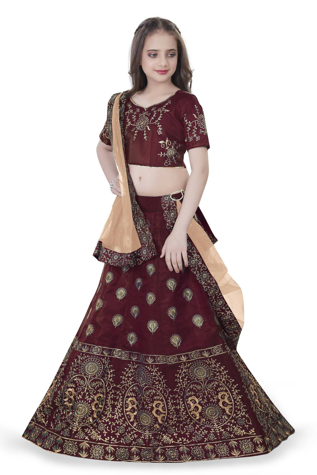 Dwiden Maroon Gulab Tafetta Sattin Semi-Stitched Girl'S Lehenga Choli | Grocsy