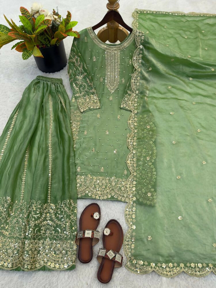 Teeya Creation Parrot Green Color Fendy Silk Embroidery Work Wedding Wear Salwar Suit | Grocsy