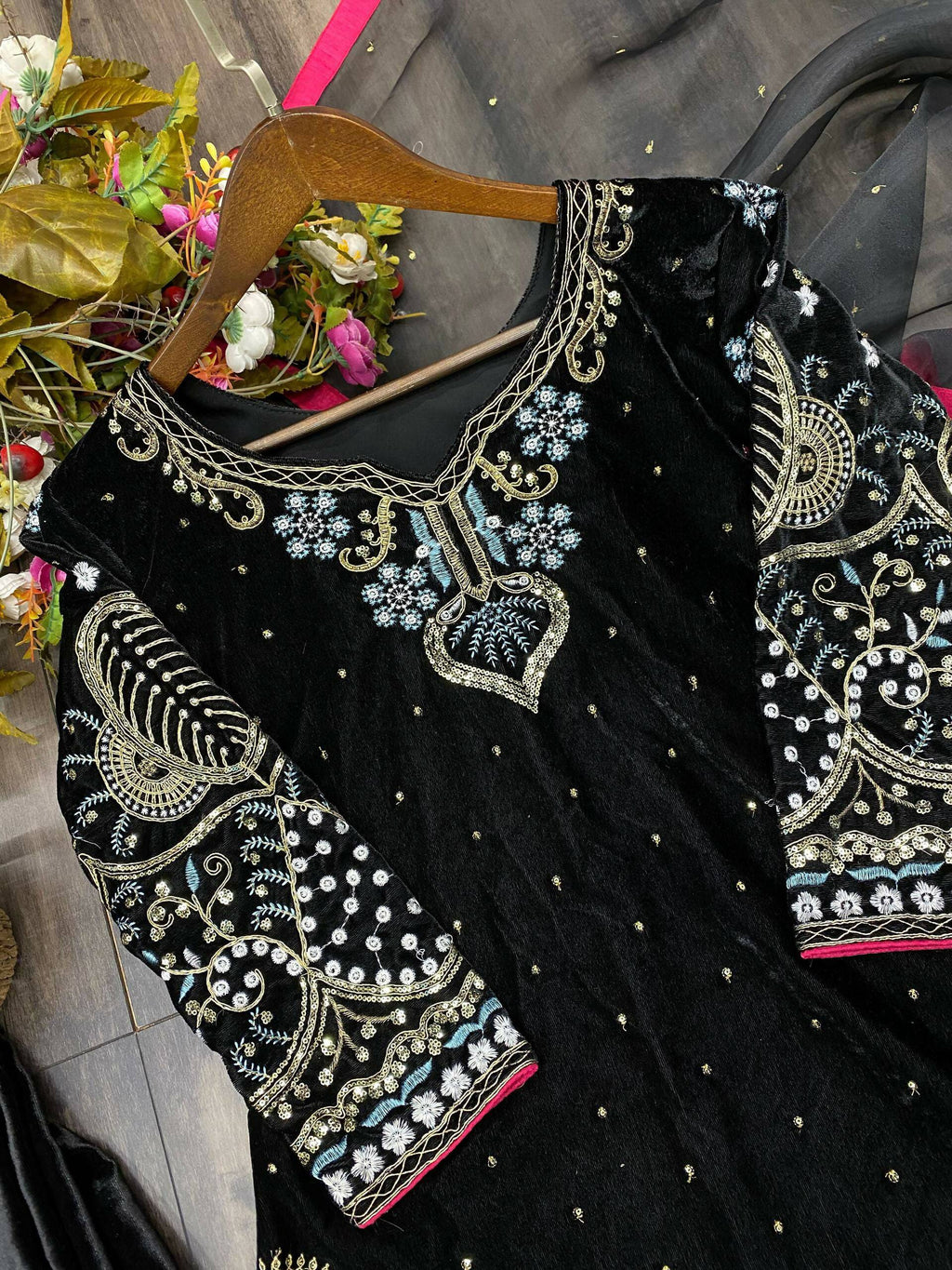 Vastranavya Black Viscose Velvet Cording Sequence Embroidery Work Suit With Dupatta | Grocsy