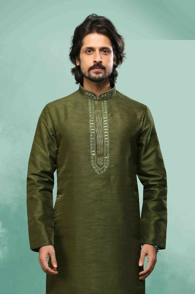 Raivat Ethnic Art Silk Mirror Embroidery Work Kurta Pajama In Green Colour | Grocsy