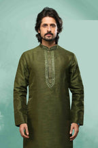 Raivat Ethnic Art Silk Mirror Embroidery Work Kurta Pajama In Green Colour | Grocsy