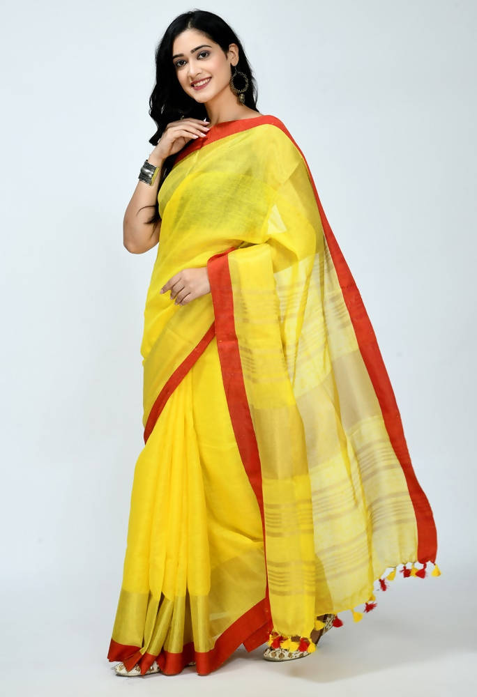 Mominos Fashion Moeza Pure Linen Yellow Saree | Grocsy