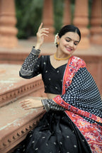 Vastranavya Navaratri Collection Myra Silk Lehenga & Blouse With Maslin Crochet Printed Dupatta Set - Black | Grocsy