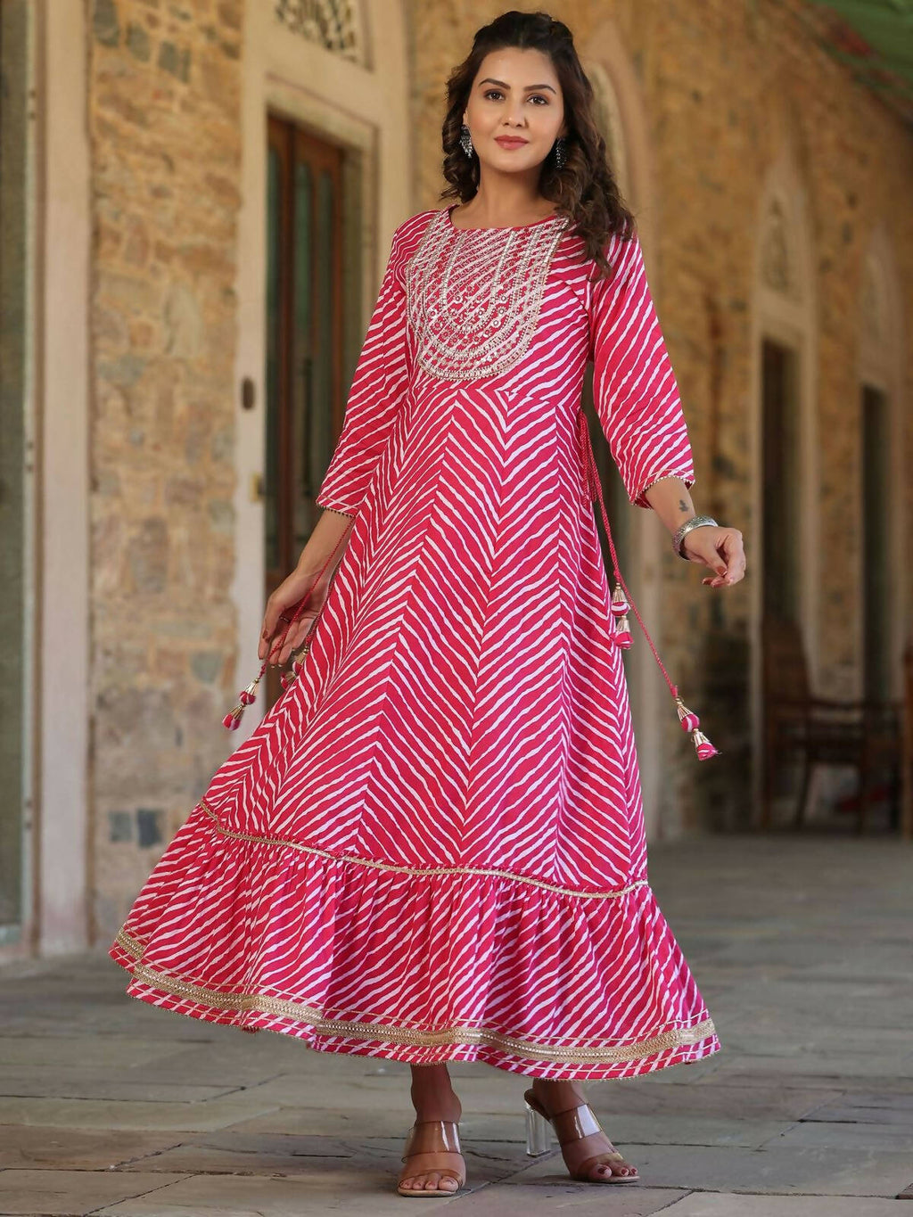 Juniper Women's Fuschia Printed Embroidered Mirror Work Sequin Cotton Flared Dress | Grocsy