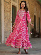Juniper Women's Fuschia Printed Embroidered Mirror Work Sequin Cotton Flared Dress | Grocsy