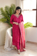The52 Pink Women's Gorgeous Embroidered Vichitra Fabric Straight Kurta Pant with Dupatta Set | Grocsy