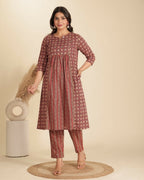 Aramya Red Soft Cotton Geometric Print Panelled Kurta Set for Women | Grocsy
