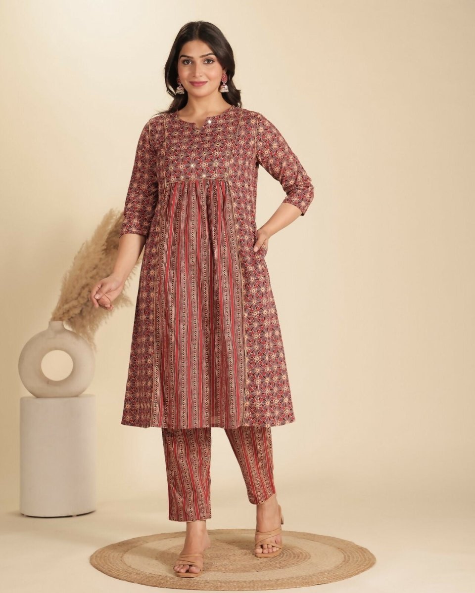 Aramya Red Soft Cotton Geometric Print Panelled Kurta Set for Women | Grocsy