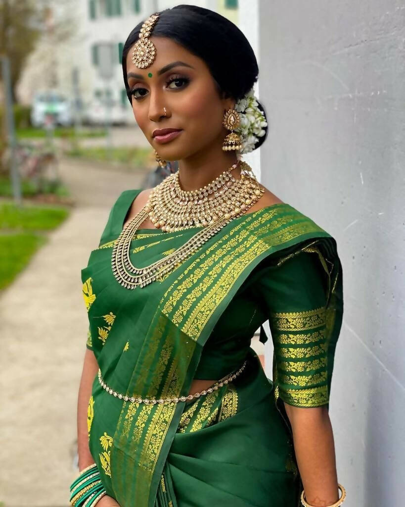 DEIANA'S Beautiful Designer Golden zari Soft Lichi Silk Saree - Green | Grocsy