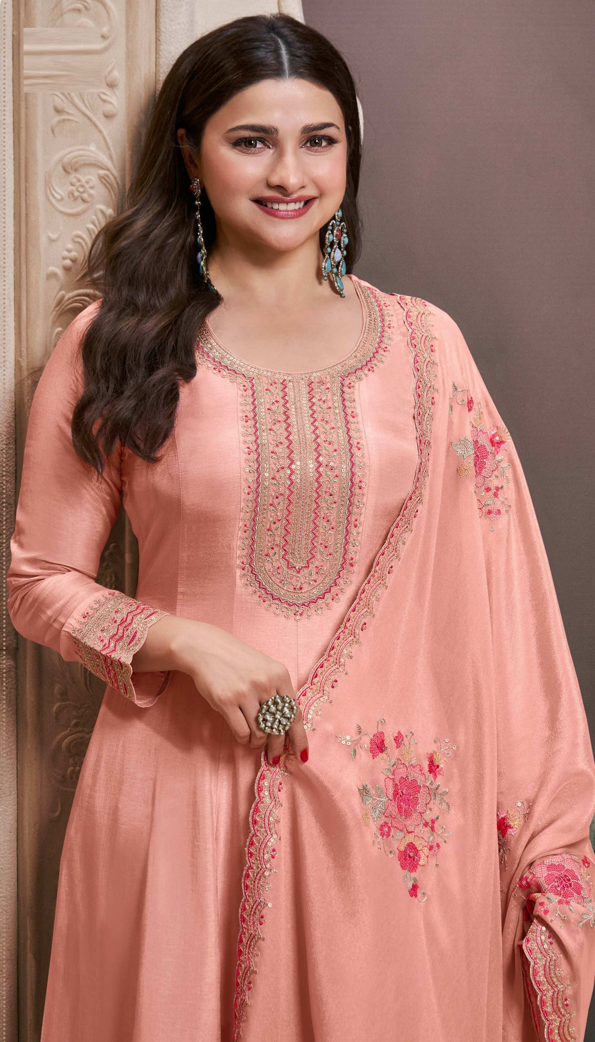 Anaita Peach Embroidered Work Silk Stitched Anarkali suit | Grocsy