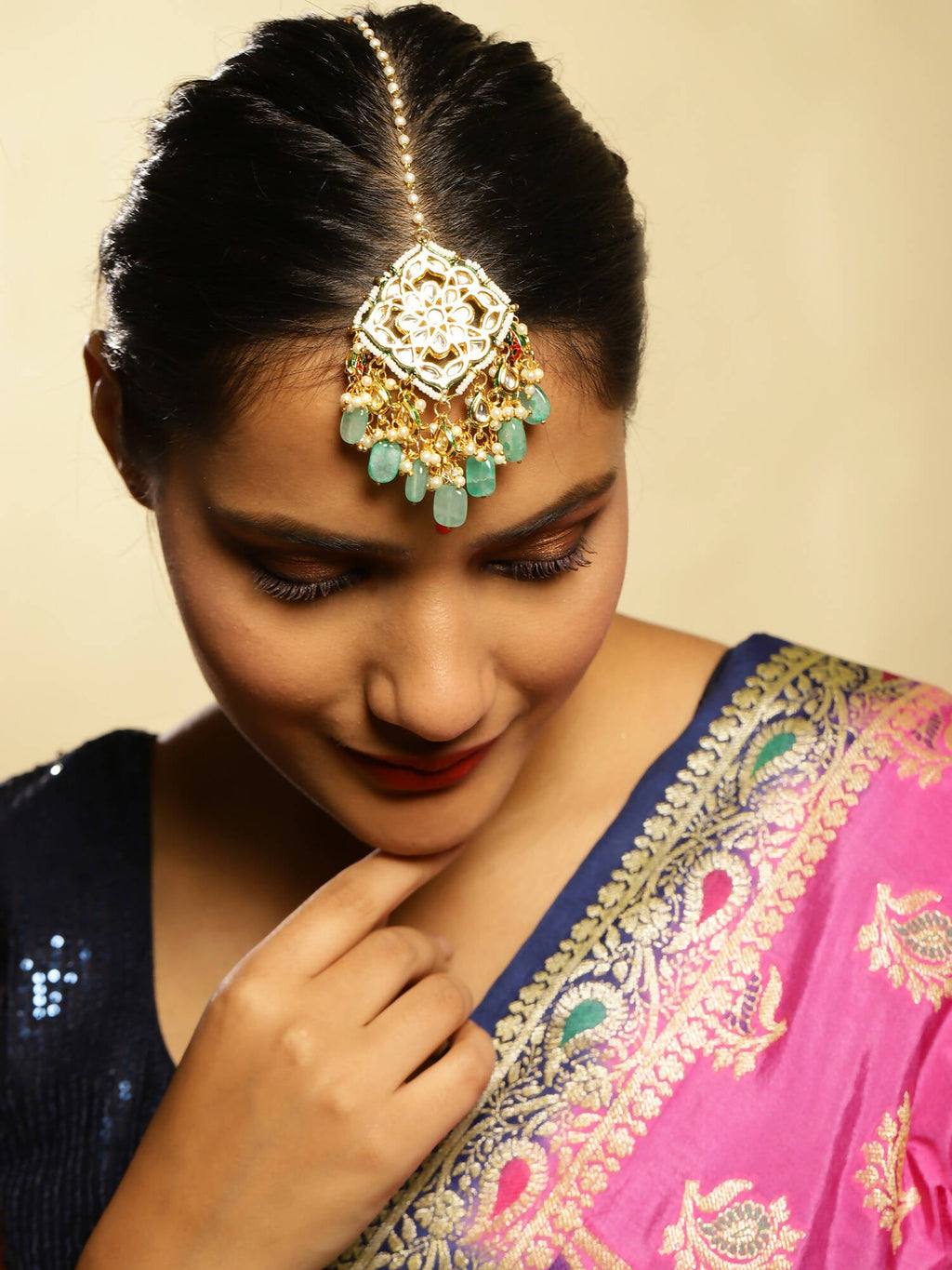 White Blue Gold-Polished Kundan-Studded Beaded Maang Tikka - Ruby Raang | Grocsy