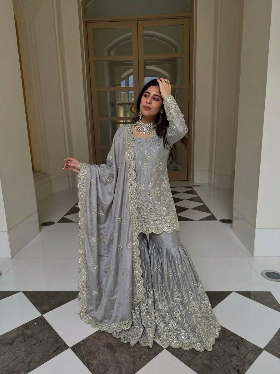 Teeya Creation New Trendy Latest Designer Embroidery Sharara Kurta Set -Grey | Grocsy