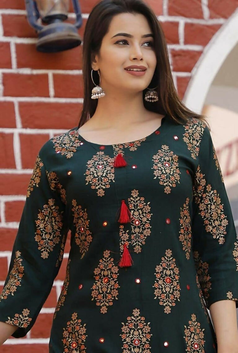 Alvano Printed Kurta With Sharara Set for Women's and Girls Rayon (Green) | Grocsy