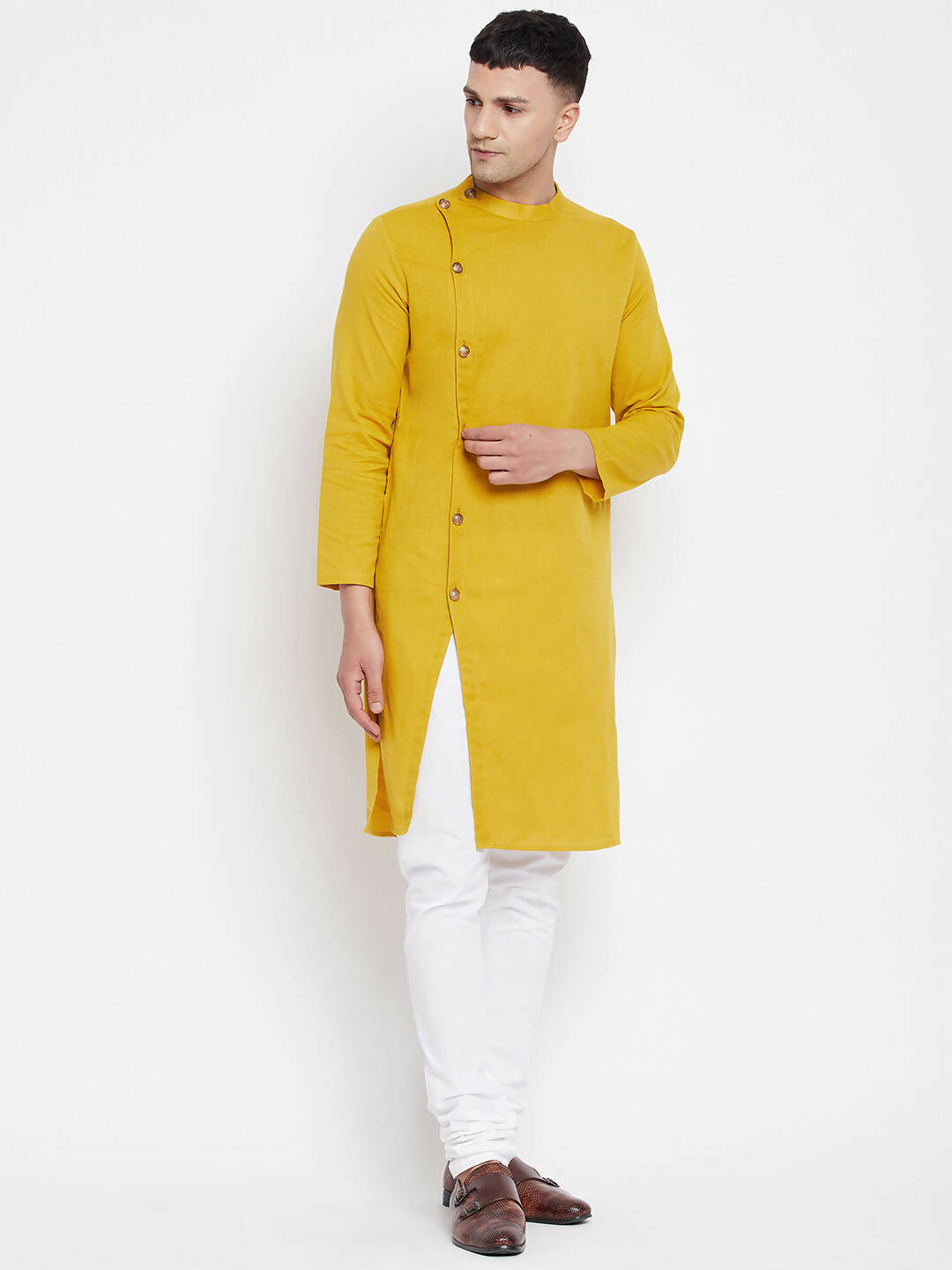 Even Apparels Yellow Pure Cotton Men's Sherwani Kurta With Asymetrical Cut | Grocsy