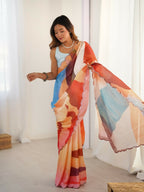 Multi Chinon Designer Digital Printed,Mirror Cut Work Saree - Sohni | Grocsy