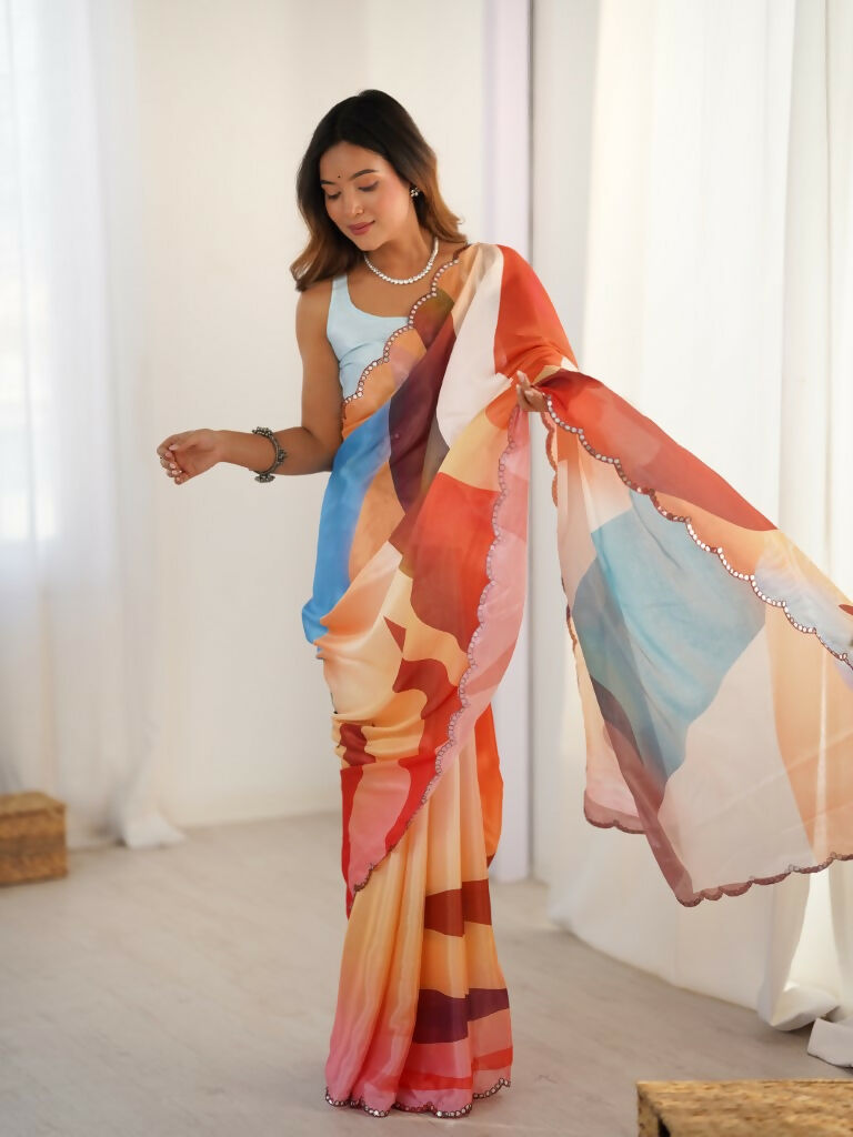 Multi Chinon Designer Digital Printed,Mirror Cut Work Saree - Sohni | Grocsy