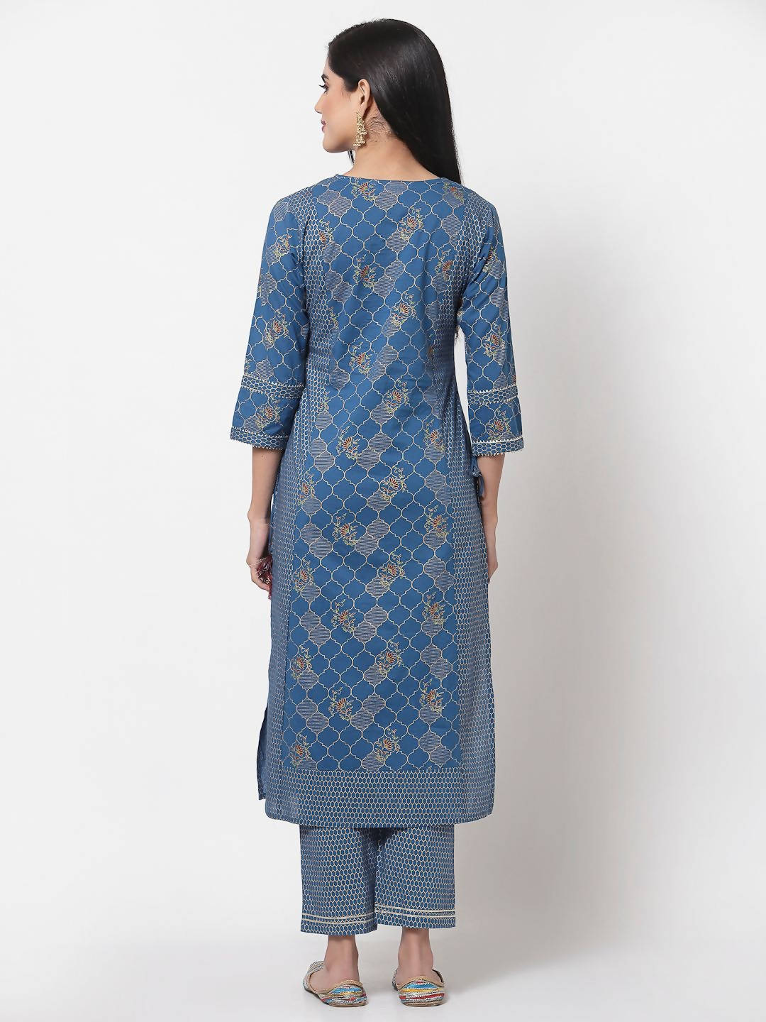 Myshka Women's Navy Blue Printed 3/4 Sleeve Cotton Round Neck Casual Kurta & Pant Set | Grocsy