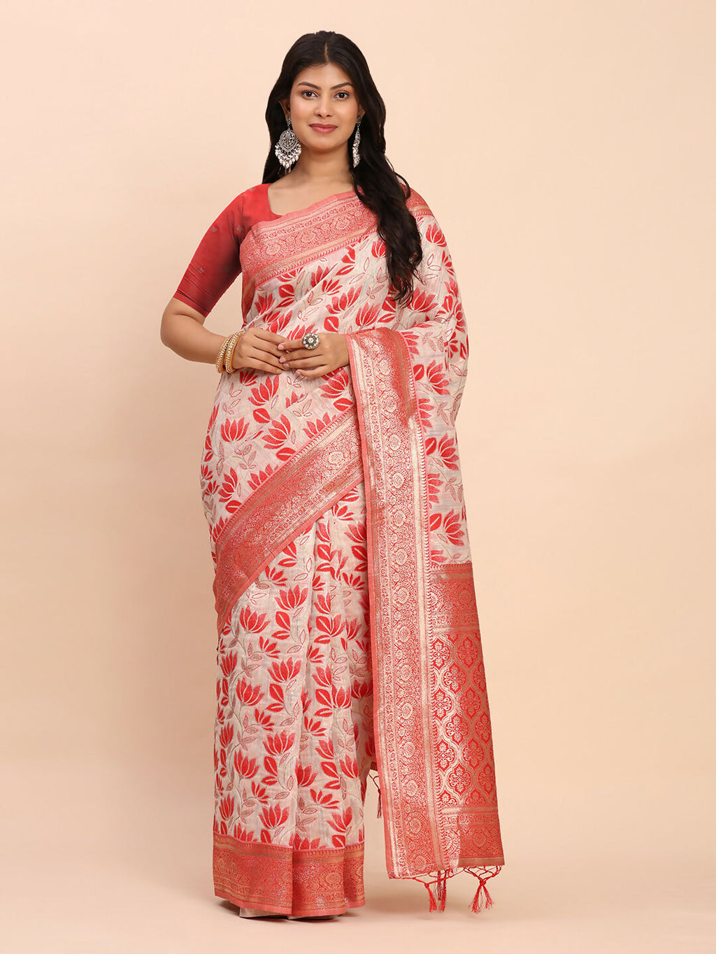 Shree Shyam Fashion Linen Cotton Red Saree | Grocsy