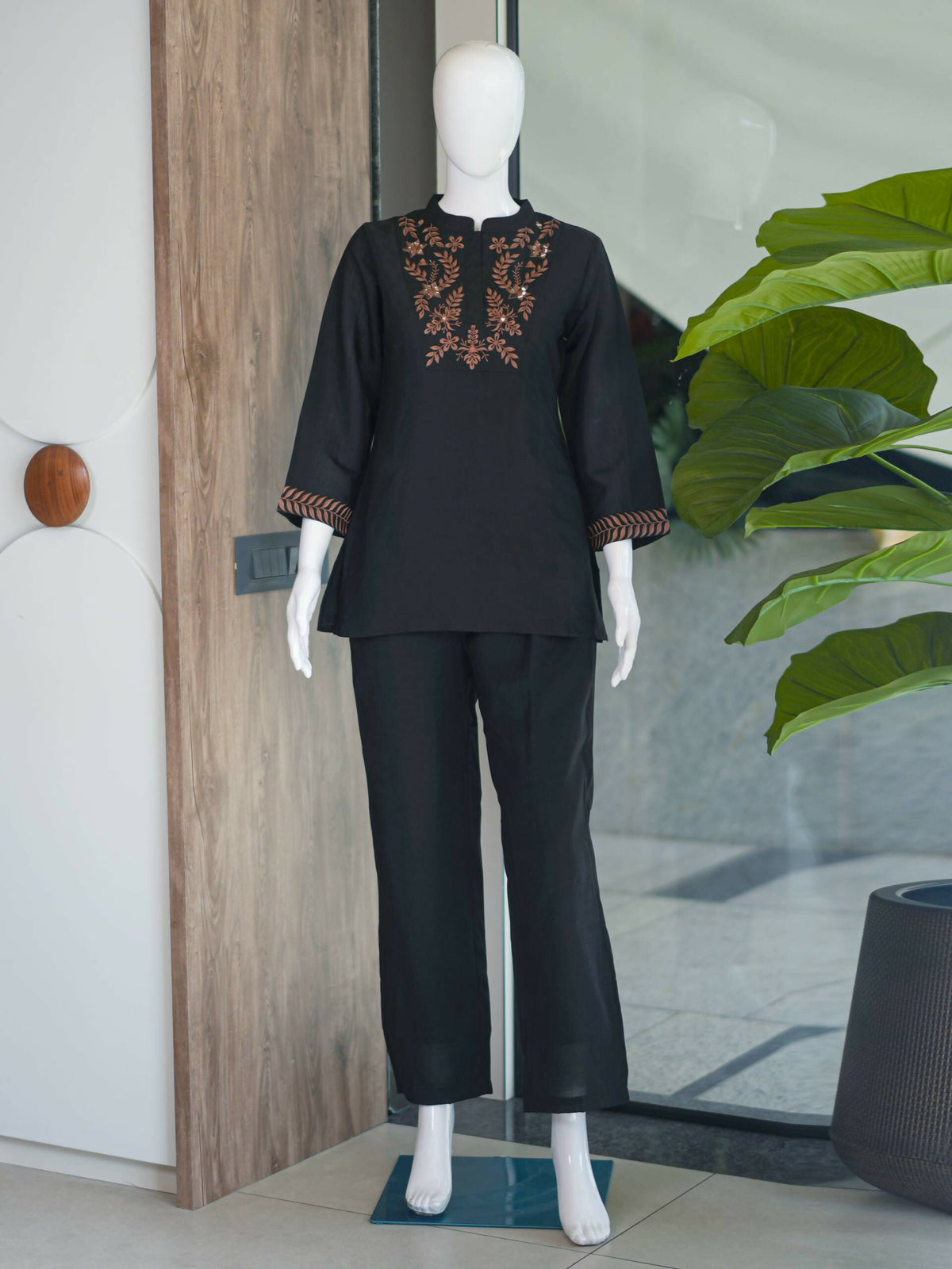 Teeya Creation Classic Black Embroidered Cotton Co-Ord Set For Women | Grocsy