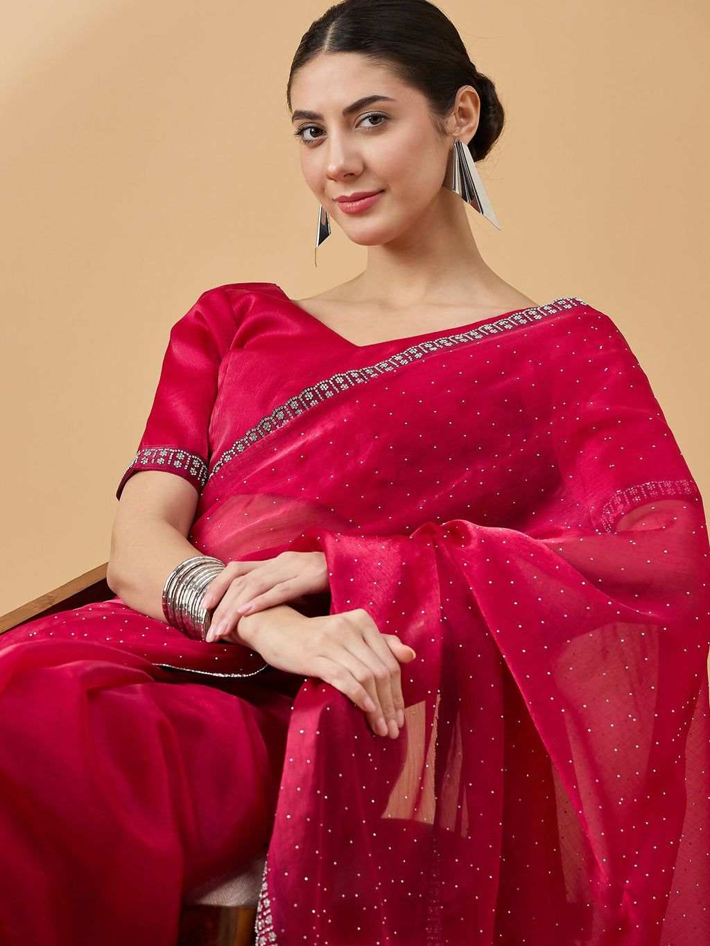 Pink Organza Swaroski Diamond Work Saree with Unstitched Blouse - Radha | Grocsy