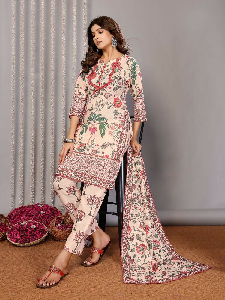 Joban Fashion Women Cream Linen Printed Stitched Kurta Set | Grocsy