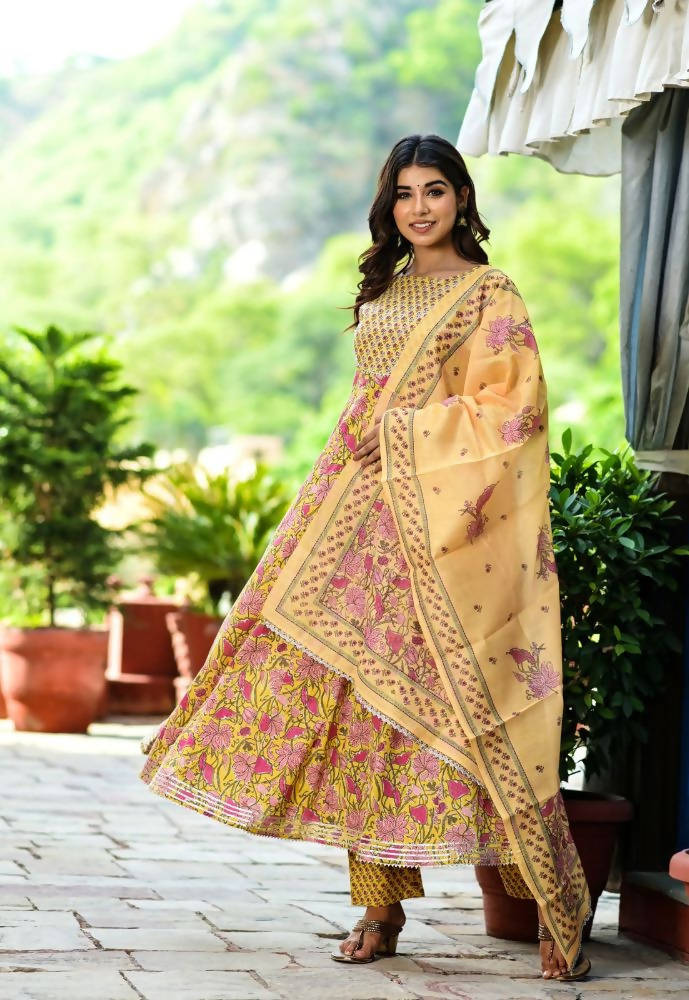 Yufta Women Yellow Floral Printed Pure Cotton Anarkali Kurta with Trouser & With Dupatta | Grocsy