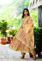 Yufta Women Yellow Floral Printed Pure Cotton Anarkali Kurta with Trouser & With Dupatta | Grocsy