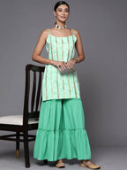 Ahalyaa Blue & Gold Floral Printed & Striped Straight Kurti with Sharara | Grocsy