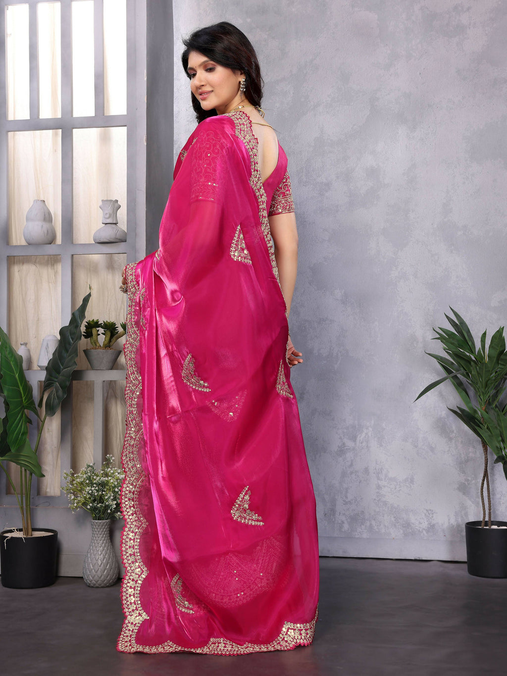 Vastranavya Pink Embroidery Work Shimmer Chiffon Saree with Unstitched Blouse | Grocsy