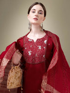 Jyoti Fashion Women's Maroon Cotton Blend Embroidery & Fancy Lace work Kurta with Trouser & Dupatta | Grocsy