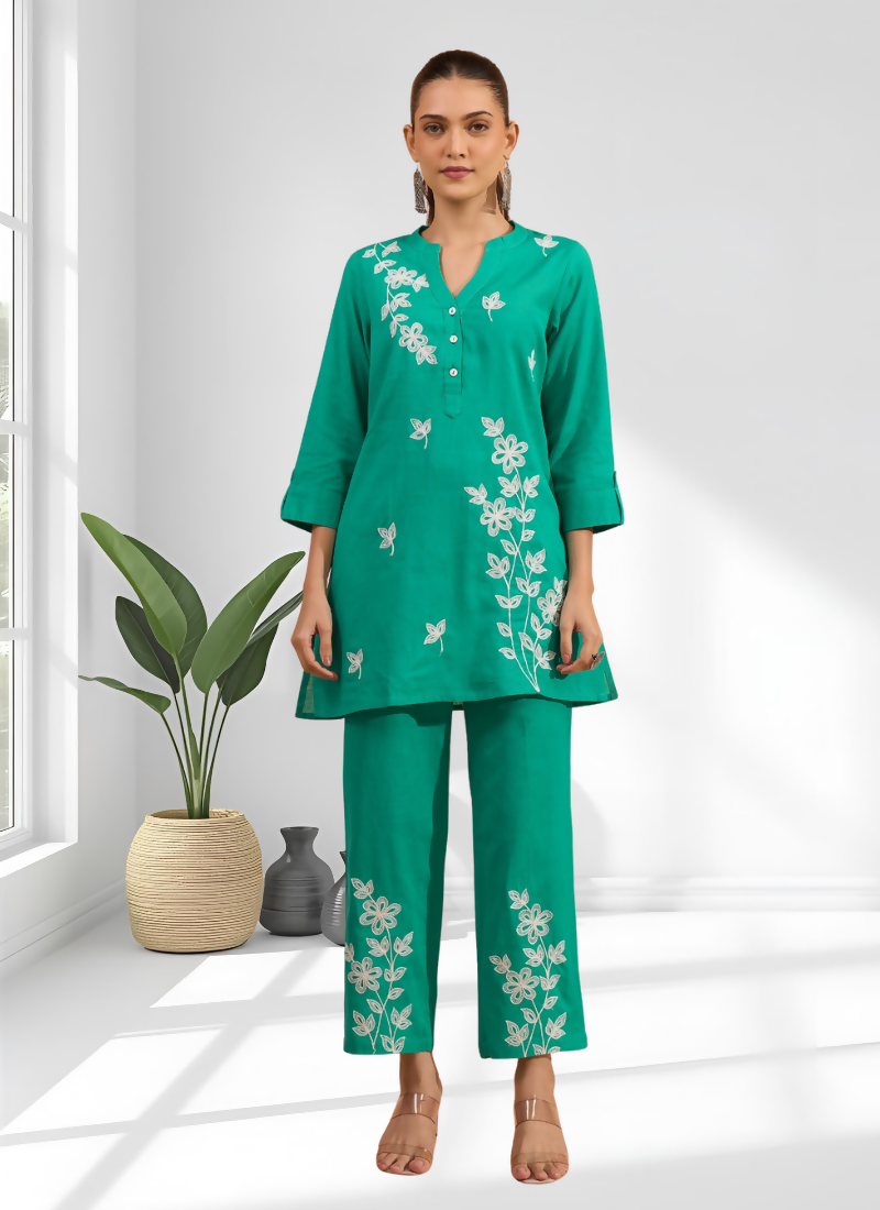 Joban Fashion Sea Green Cotton, Linen Embroidered Readymade Cord Set | Grocsy