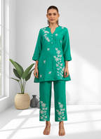 Joban Fashion Sea Green Cotton, Linen Embroidered Readymade Cord Set | Grocsy