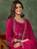 The52 Women's Gorgeous Embroidery Work Vichitra SIlk Fabric Flared Kurta Pant and Dupatta Set-Rani | Grocsy