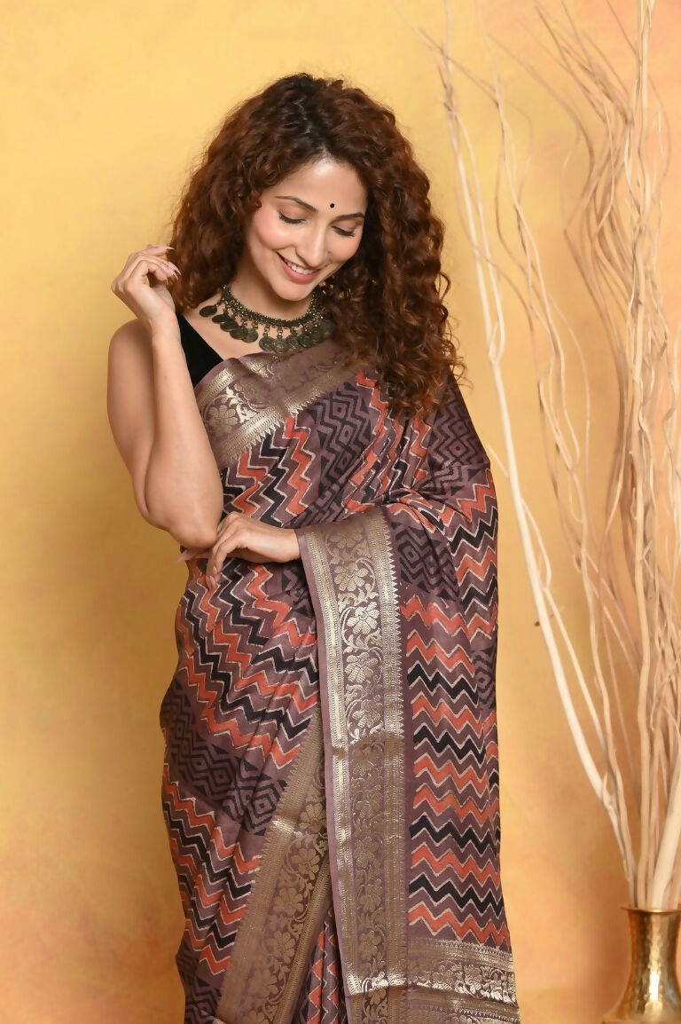 Very Much Indian Modal Silk Ajrakh Handblock Printed Natural Dyes With Designer Border Saree - Brown | Grocsy