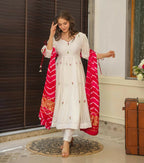 The52 Off White Women's Beautiful Chanderi Fabric Thread work Flared Anarkali with Pant And Dupatta Set | Grocsy