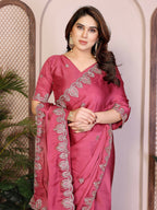 Teeya Creation New Trendy Party Wear Soft Satin Chiffon Saree-Peach | Grocsy