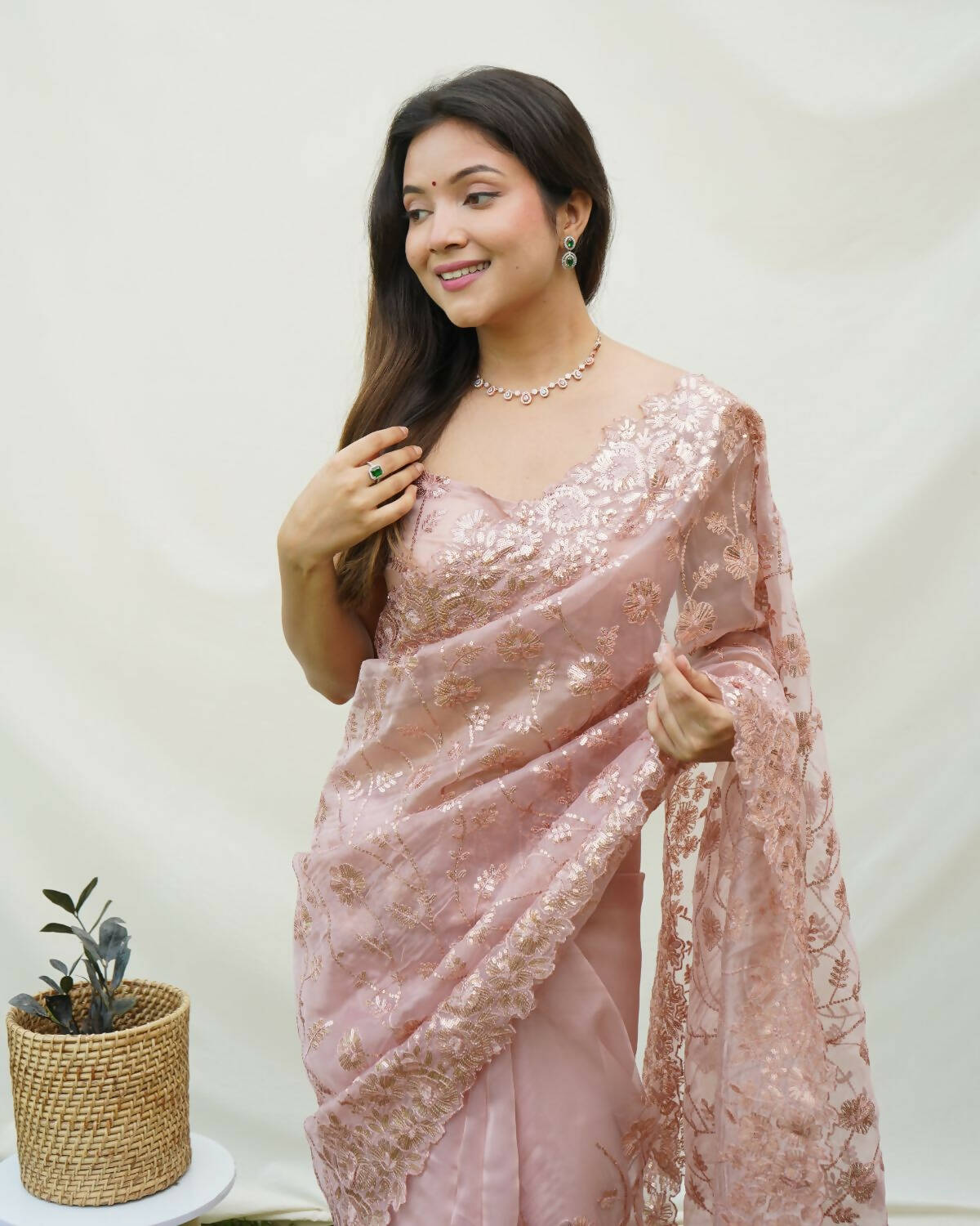 Vamsee Brown Organza Saree | Grocsy