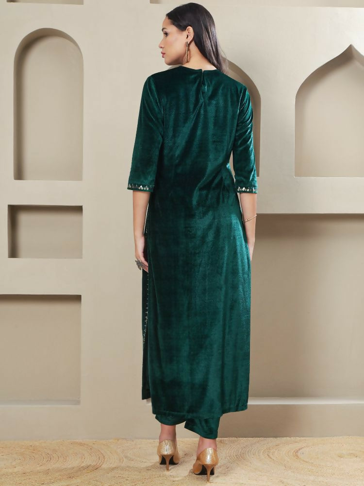 Joban Fashion Women Green Velvet Hand Embellishment Stitched Kurta Set | Grocsy
