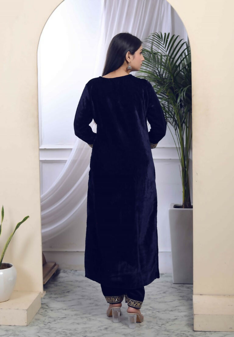 Miravan Women's Blue Velvet Embroidered/Sequence Work Straight Kurta with Palazzo | Grocsy