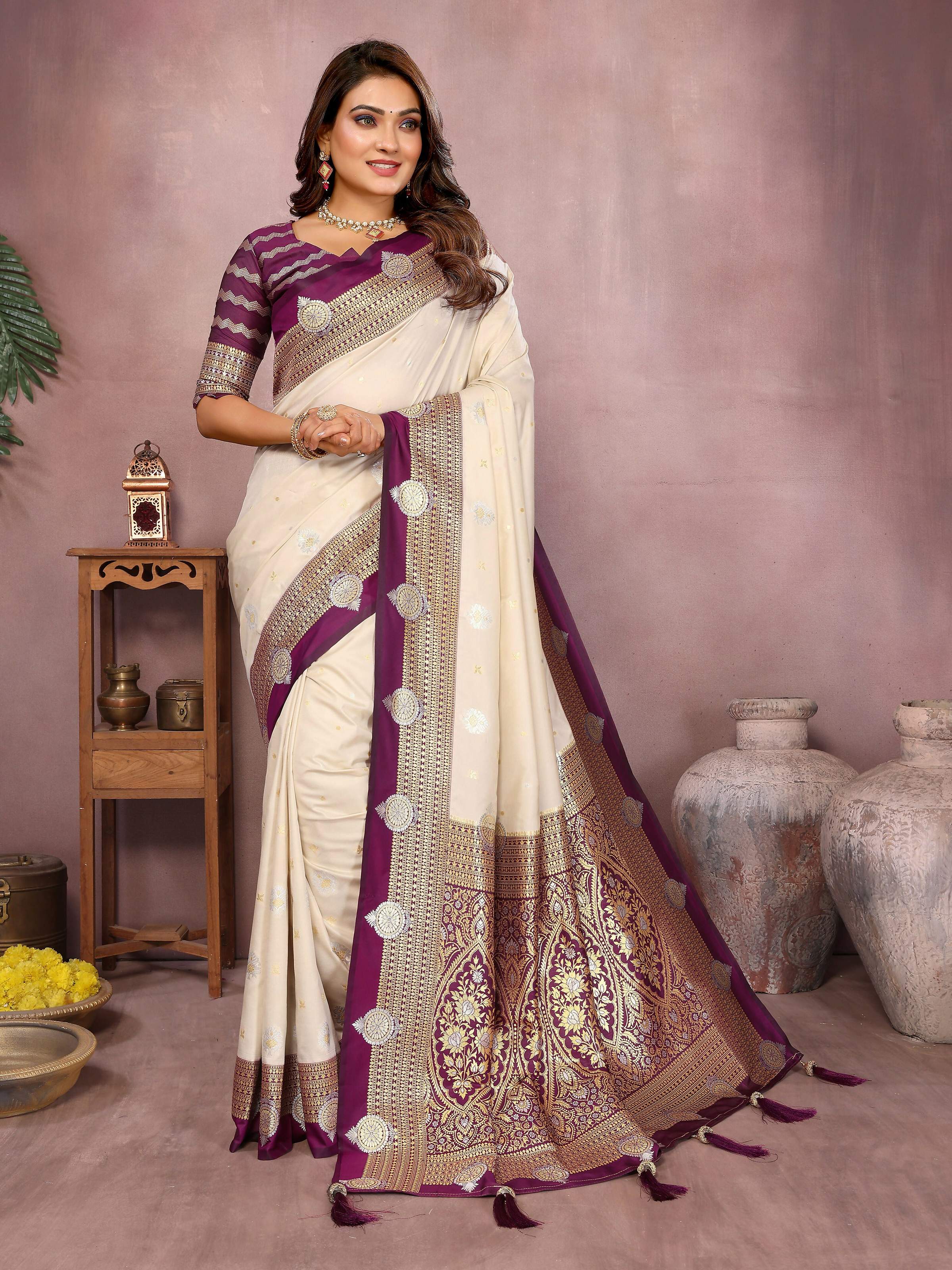 Aastha Fashion Cream Silk Sarees Weaving Saree | Grocsy