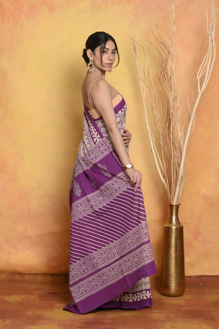 Very Much Indian Handblock Printed Cotton Saree With Natural Dyes - White | Grocsy