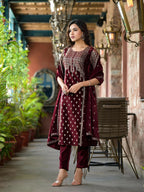 Juniper Women's Maroon Ethnic Motif Printed Velvet Kurta Set With Tassels | Grocsy