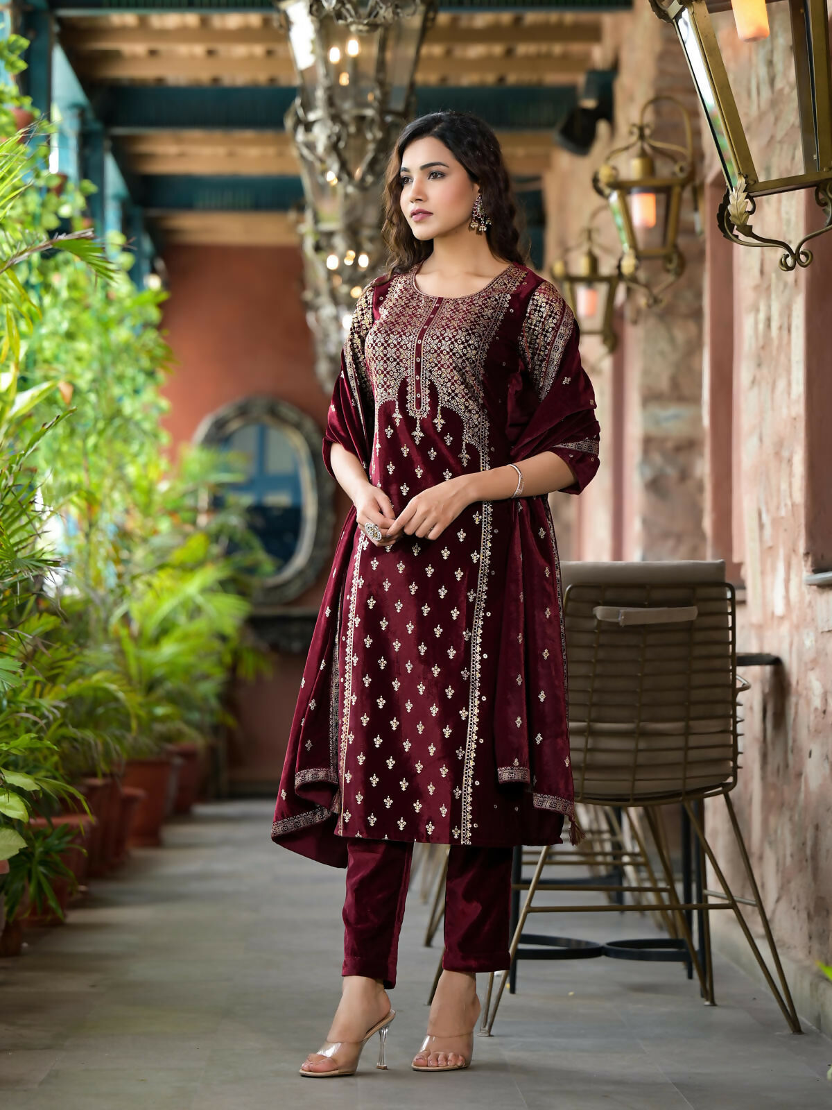 Juniper Women's Maroon Ethnic Motif Printed Velvet Kurta Set With Tassels | Grocsy