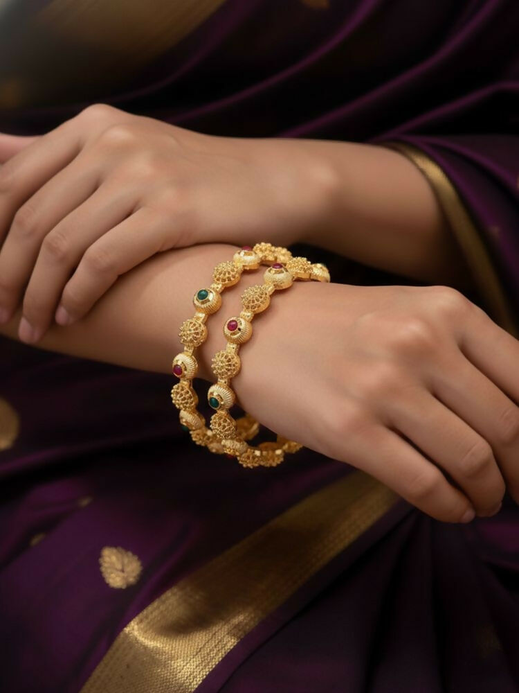 NVR Women Set of 2 Gold Plated Artificial Stone Bangle | Grocsy