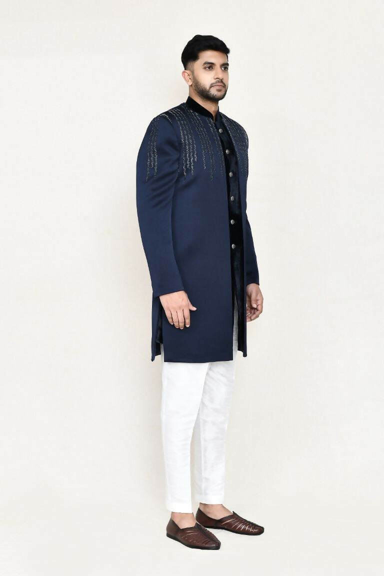 Joban Fashion Blue Colored Velvet Fabric Open Jacket, Indo Western With Straight Fit Pant | Grocsy