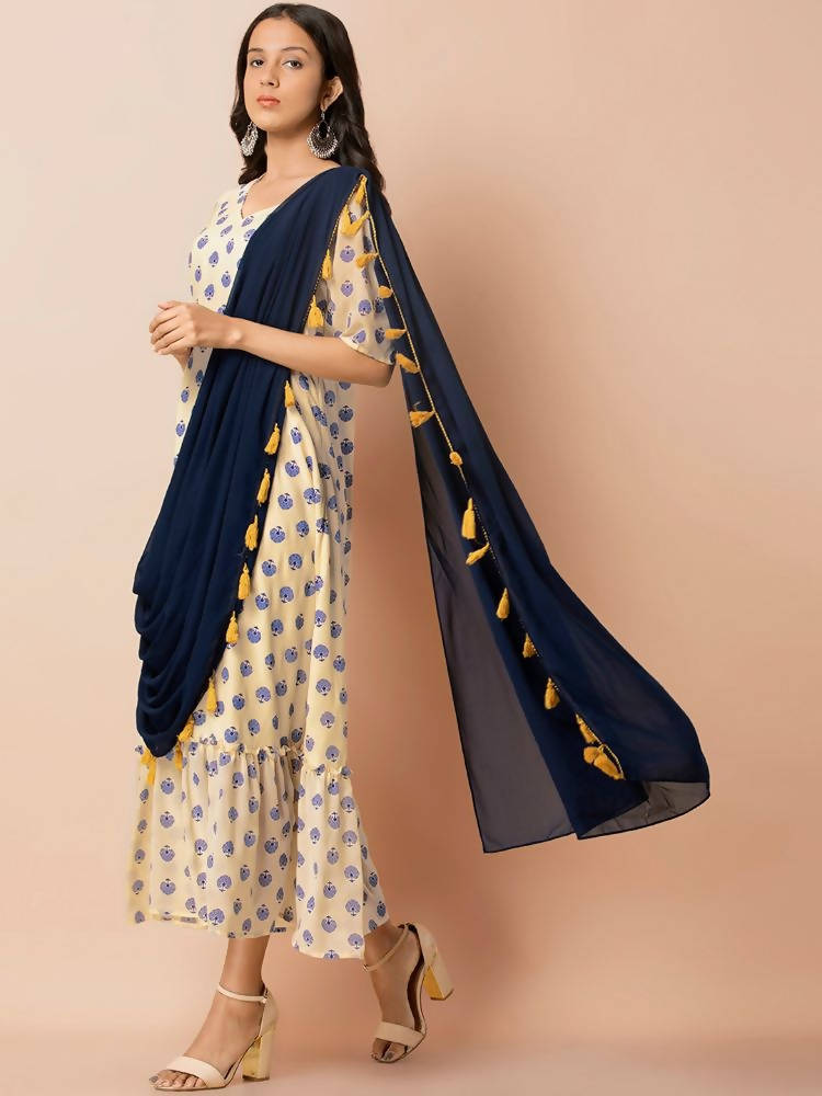 Indya Women White & Navy Blue Printed Maxi Dress With Attached Dupatta | Grocsy