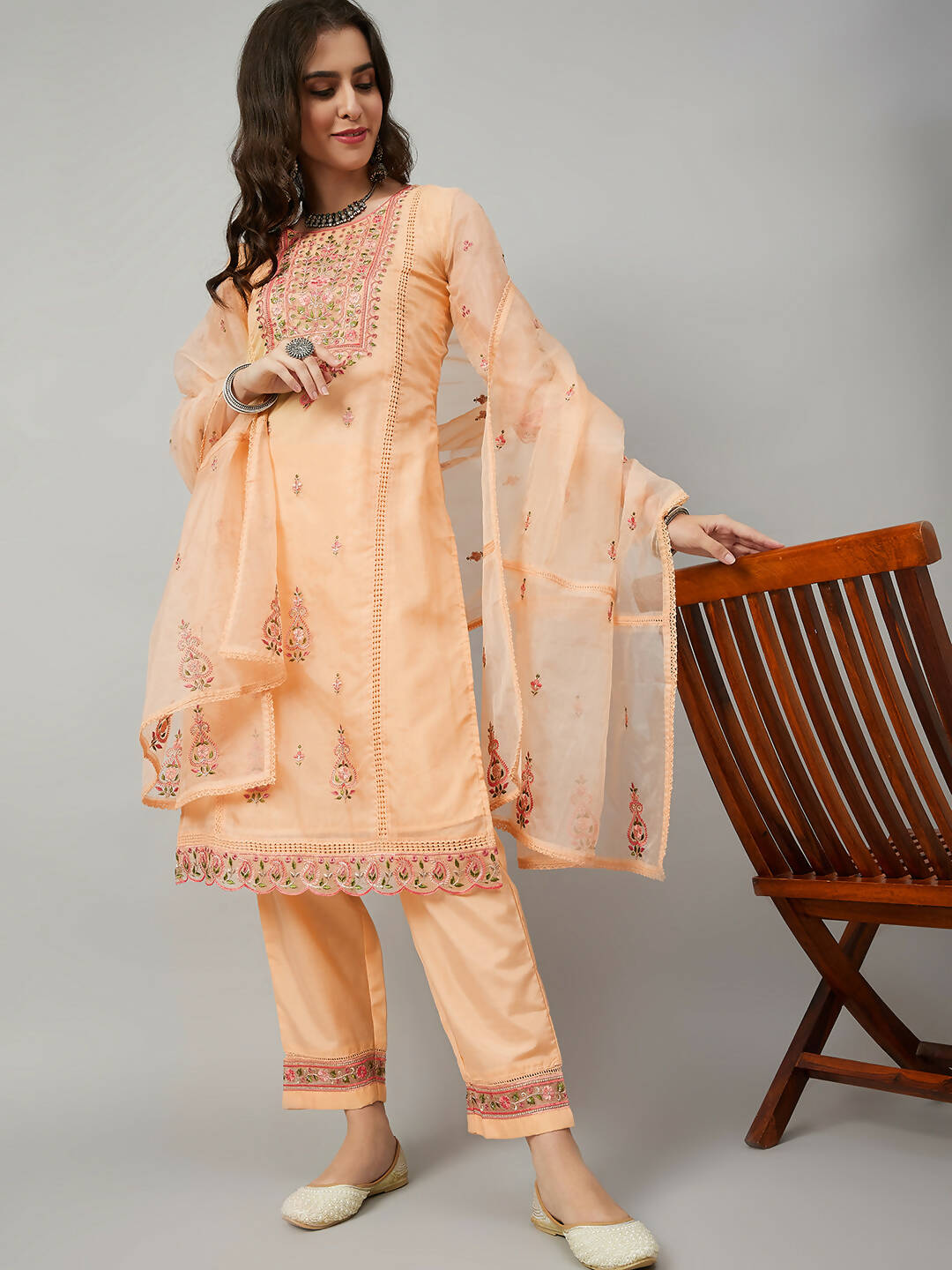 Orange Organza Embroidered Kurta with Bottom & Dupatta - Salimar | Grocsy